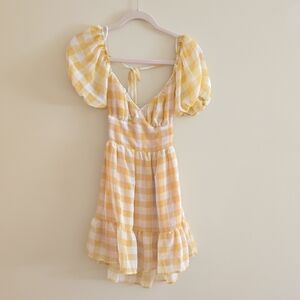 Yellow Gingham Puff Sleeve Mini Dress
